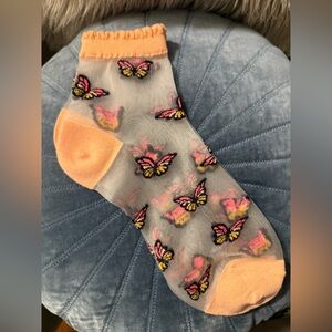 Sheer Ankle Socks 🦋 Butterflies | Pink/Peach Design & Trim Sheer Nylon Hosiery